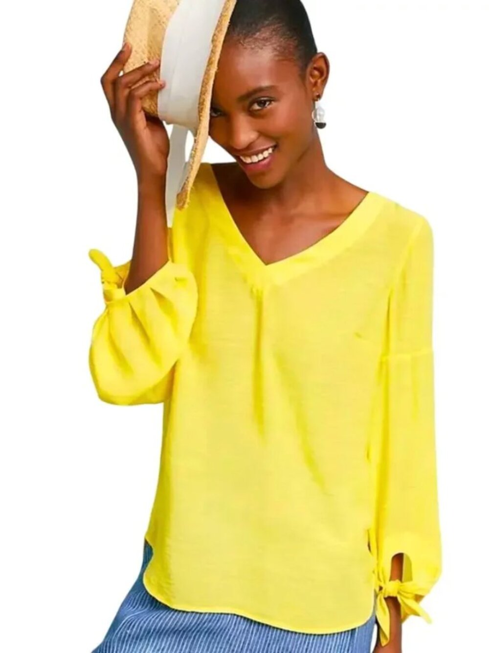Maeve | Anthropologie Verona Canary Yellow Tie-Sleeve Blouse | Size Medium